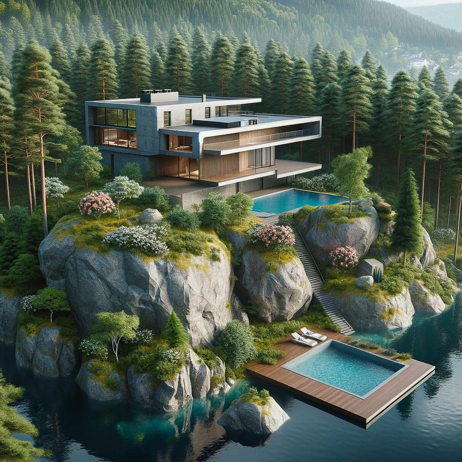 KI-generierte Ansicht eines Luxus-Apartmentkomplexes am Wasser, zeigt exklusive Wohnarchitektur