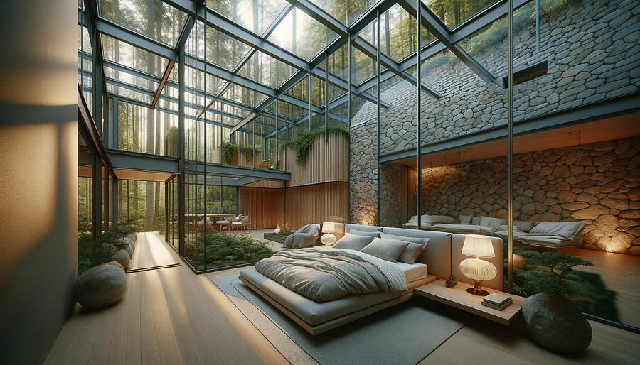 futuristisches gemütliches Schlafzimmer, elegante Einrichtung
